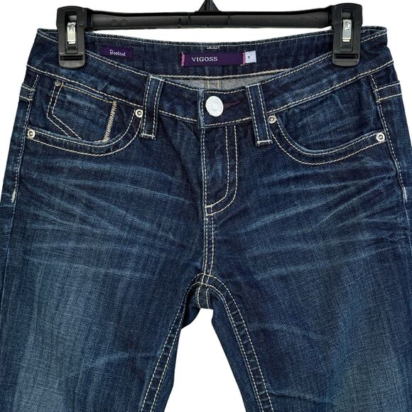 Vigoss Juniors SZ 1 Jeans Bootcut Low-Rise Button-Flap Pockets Whiskered Blue - Picture 2 of 11